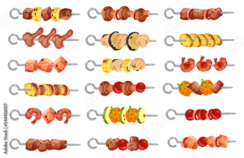 Meat and Vegetables Slabs Skewered on Metal Spits Big Vector Set