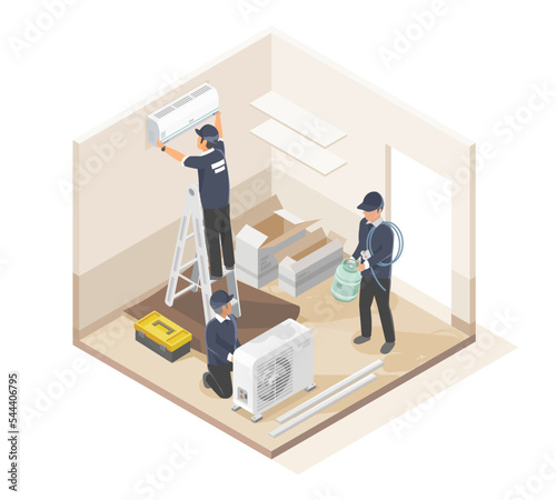air conditioner installation and maintenance home services worker install at customer house room isometric vector isolated