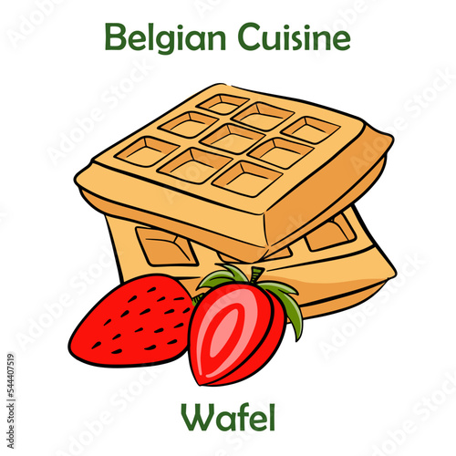 Traditional waffle (Belgian) with fresh fruits on a saucer and honey isolated on white background