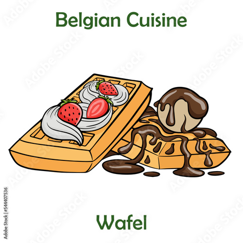 Traditional waffle (Belgian) with fresh fruits on a saucer and honey isolated on white background