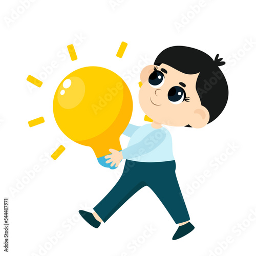 Kid Inventors Day.A cute boy carries a huge yellow light bulb as a symbol of invention and research, inventing something new. Cartoon character isolated on white background.