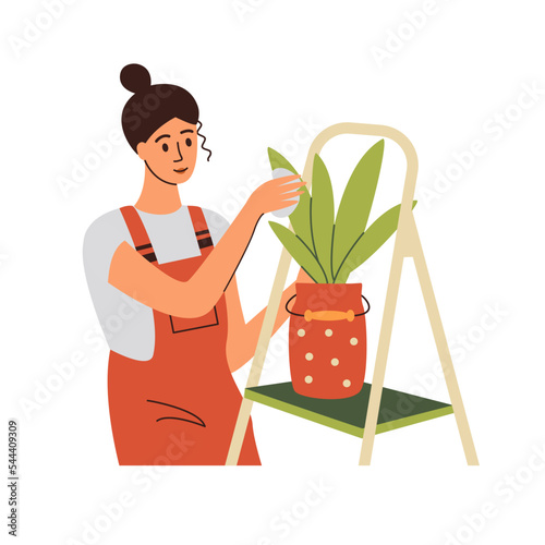 A woman takes care of a houseplant