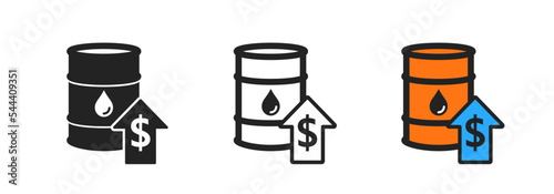 Crude oil rising prices icon. Barrel, arrow, oil drop, dollar sign. Global economy crisis, inflation symbol. Colored flat design.