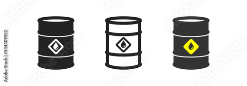 Crude oil icon for industry design. Trade oil, diesel, symbol. Black metal barrel with oil drop sign. Flat design.