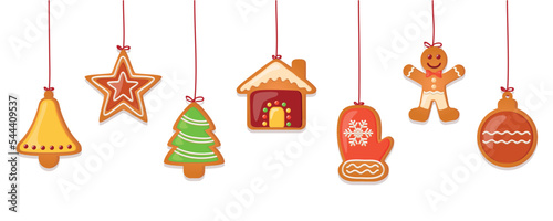 christmas card with hanging gingerbread cookies decoration isolated on white