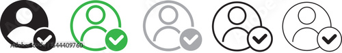 Set of user accept icons. Profile with checkmark icon. Avatar check symbol. Account sign. Shield with person silhouette in circle. Authentication security. Privacy vector. 