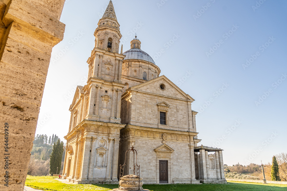 The Temple of San Biagio, imposing travertine church, in the middle of the Tuscan countryside, is one of the best examples of Renaissance art, Montepulciano, Siena
