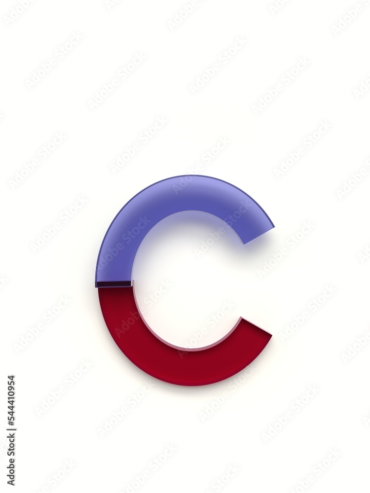 Small letter c made of several colored glass simple geometric shapes lying on top of each other with 3D effect and shadows on white background, 3d rendering Small letter c made of several colored glass simple geometric shapes lying on top of each other with 3D effect and shadows on white background, 3d rendering