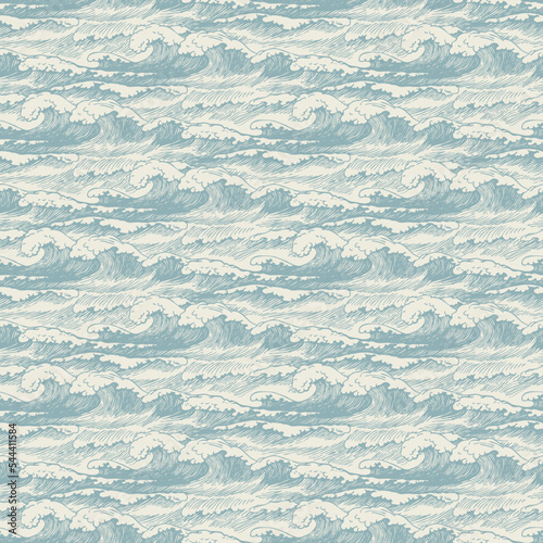 Vector seamless pattern with hand-drawn waves in retro style. Decorative repeating illustration of sea or ocean, blue storm waves with breakers of seafoam