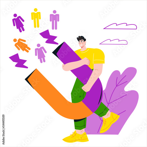 SMM manager with magnet attracting buyers, flat vector illustration isolated on white background. Inbound marketing and SMM professional.
