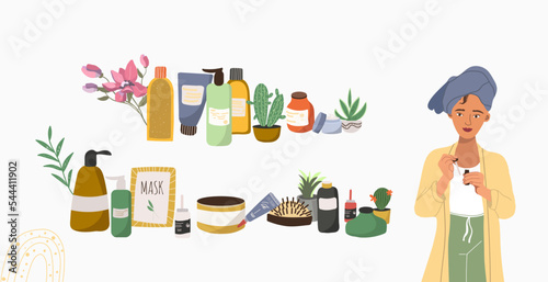 Beauty routine. Beautiful young girls, ladies and various cosmetics. The concept of face and body care. Cleansing, moisturizing, treatment with natural elements. Hand drawn vector set. 