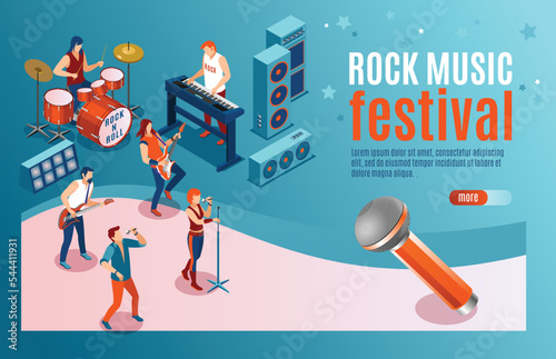 Rock Music Festival landing page with people singing and playing various musical instruments, modern concert poster, audio blog concept, Isometric Vector illustration on isolated background