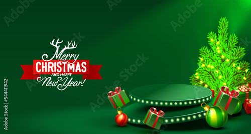 Podium merry Christmas. shopping new year banner. Vector