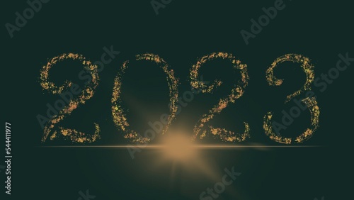 2023 New Year. 2023 Happy New Year greeting card. 2023 Happy New Year green background. 2023 Happy New Year background with colorful glitter with flare
