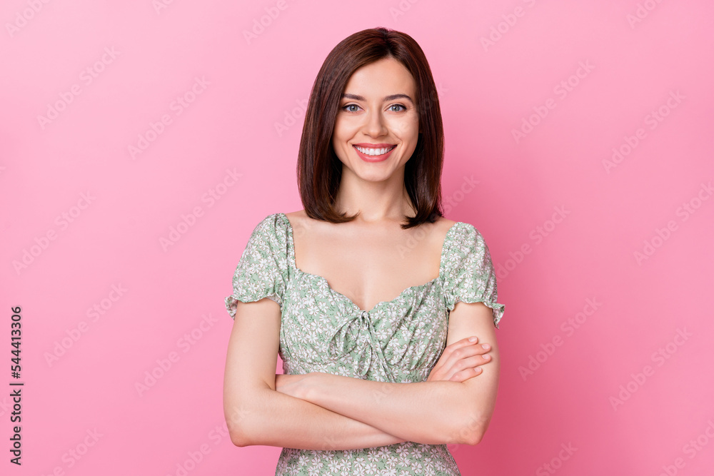 Photo of adorable confident girl dressed off shoulders outfit smiling arms crossed isolated pink color background Photo of adorable confident girl dressed off shoulders outfit smiling arms crossed isolated pink color background