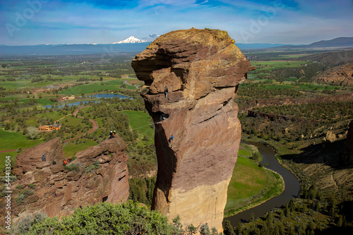 Rock climbers on Monkey Face in Smith Rocks State park near Terrebonne Oregon