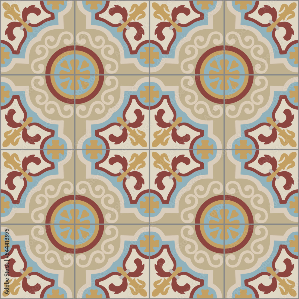 Ceramic tiles. Portuguese ceramic hydraulics with partitions. Floral decorative ornament design.