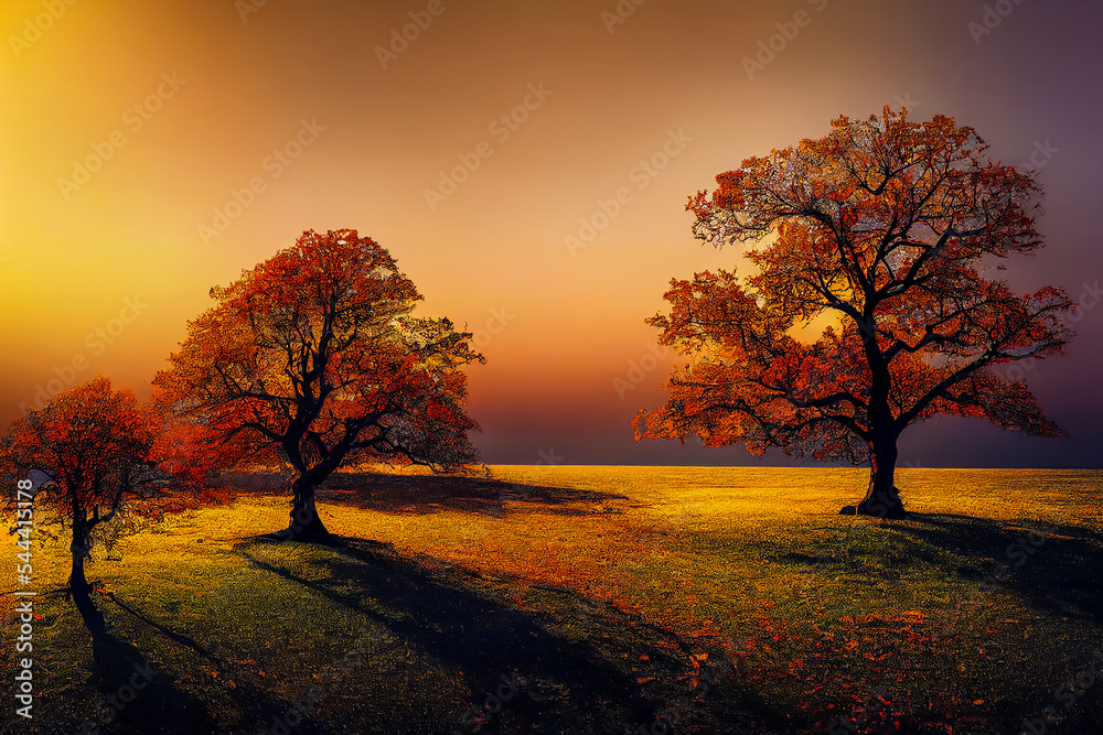 The beautiful, colorful landscape of a towering tree under a magnificent sunset lends a feeling of power and relaxation.