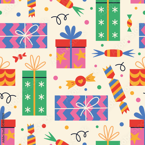 Holiday seamless pattern with different gift boxes  cartoon style. Christmas  birthday background in vibrant colors. Trendy modern vector illustration  hand drawn  flat