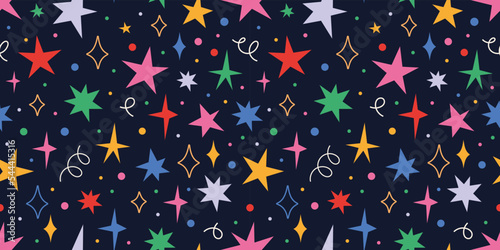 Seamless pattern with stars and sparks, cartoon style. Christmas, birthday print in vibrant colors on a dark background. Trendy modern vector illustration, hand drawn, flat