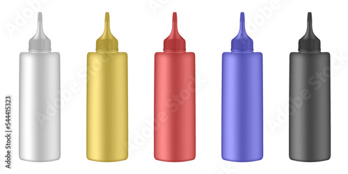 Set of squeeze bottles. Yellow, blue, pink, purple and white bottles. Dispensing cap. Colorful hair dye. Ketchup, mustard, mayonnaise