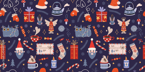 Fotobehang Christmas seamless pattern with cute winter cozy elements on a dark background, cartoon style
