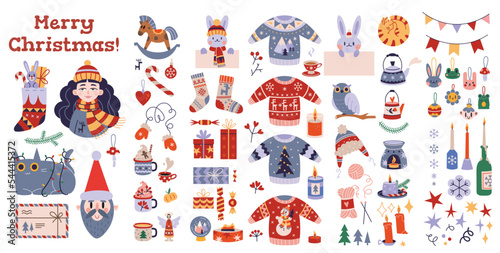 Big set of traditional winter holidays symbols. Collection of New Year and Christmas attributes, cartoon style. Xmas decorations, characters, toys and gifts. Trendy vector illustration, flat