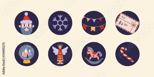 Set of various Christmas vector highlight stories covers with cute winter cozy elements. Trendy design. Cartoon, sticker style. Hand drawn templates. Round icons for social media stories.