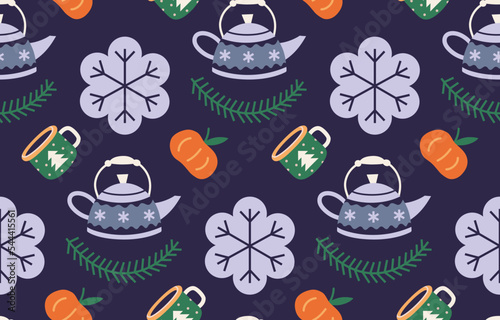 Christmas tea party seamless pattern with cute winter cozy elements on a dark background, cartoon style. Trendy modern vector illustration, hand drawn, flat
