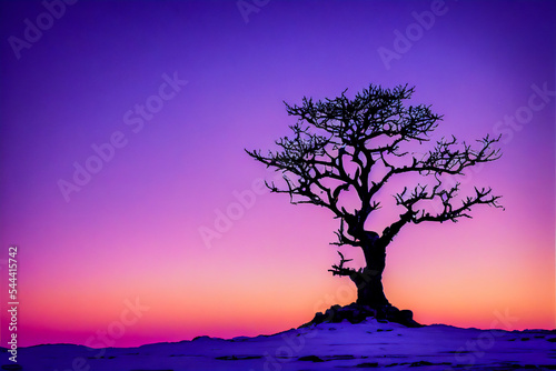 A winter landscape with a lone tree standing in the cold. There is a lot of snow and ice, as well as a pure and colorful sky. The scenery is calming and beautiful at sunset.