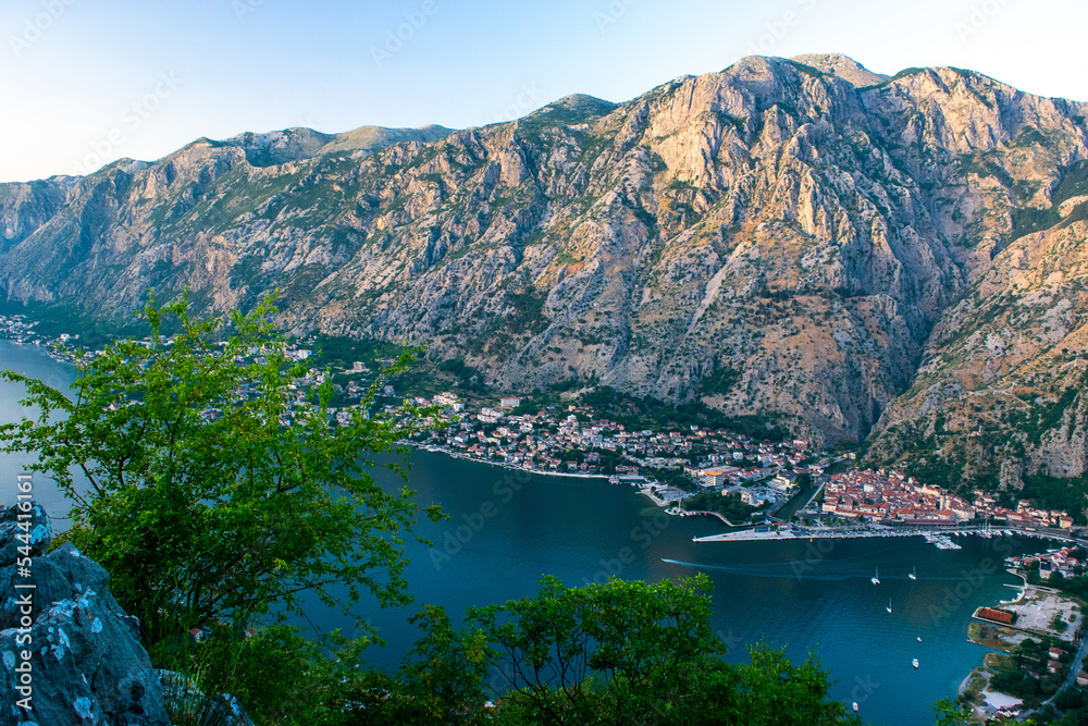Fototapeta premium Beautiful view of Boka Kotorska Bay at sunset from Vrmac mountain. Adriatic Sea. Dalmatia. Balkan. Montenegro.