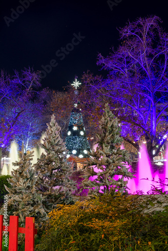 Christmas square decoration. With Christmas tree, fir trees, ornaments, stars and colorful fountains. © Dimitrios