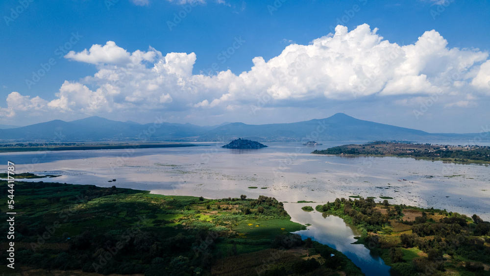 Aerial View from lake in Morelia Michoacan, Lago de Pátzcuaro hacia Janitzio, día de muertos.