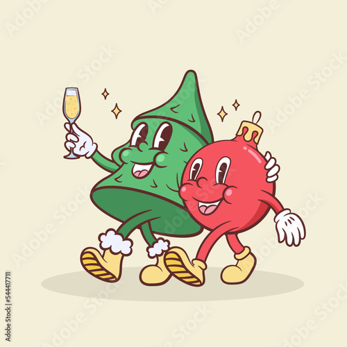 Christmas and New Year retro cartoon characters. Pine with champagne glass and Christmas tree bauble ball friends walking together. Vector mascot illustration in trendy vintage comic style Isolated