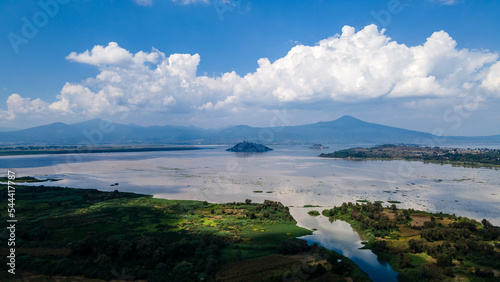 Aerial View from lake in Morelia Michoacan, Lago de Pátzcuaro hacia Janitzio, día de muertos.