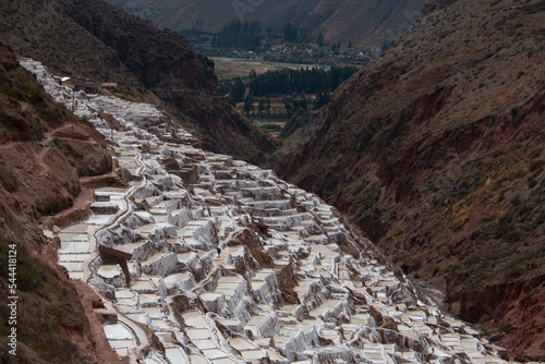 Profile of the panorama of the Salinas de Maras with view of the mountains in the background, Peru.  photo