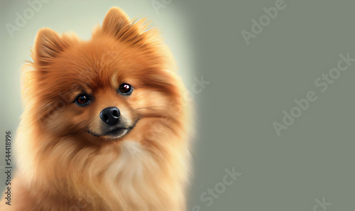 Adorable German Spitz on dark background, space for text. Portrait of a German Spitz dog. Cute dog. Digital art