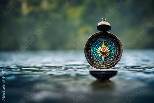 Slika na platnu Antique compass on the surface of the water, sea or ocean, symbolizing travel and marine exploration