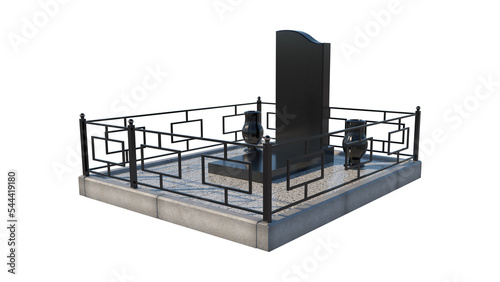 3D Grave with fence and black granite tombstone isolated on white transparent background.