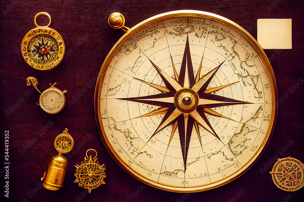 Antique gold metal compass placed on a table, symbolizing exploration and the action of going on an adventure. But it also gives a sense of eternity to a design.