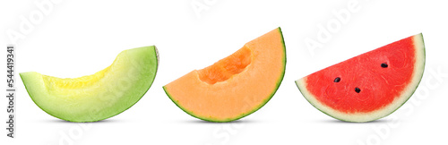 Slices of cantaloupe melon and watermelon isolated on white background.