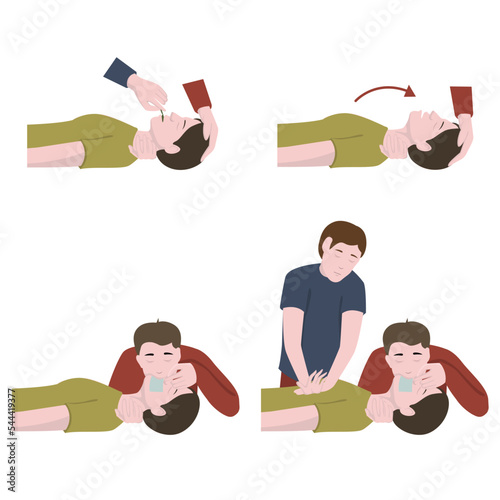 The man is unconscious. First aid. Artificial respiration mouth to mouth. Heart massage. Medical poster. Vector flat illustration