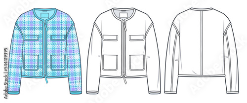 Women's Crop Jacket technical fashion Illustration, plaid design. Zipped Jacket fashion flat technical drawing template, long sleeve, pockets, front and back view, white, CAD mockup set.