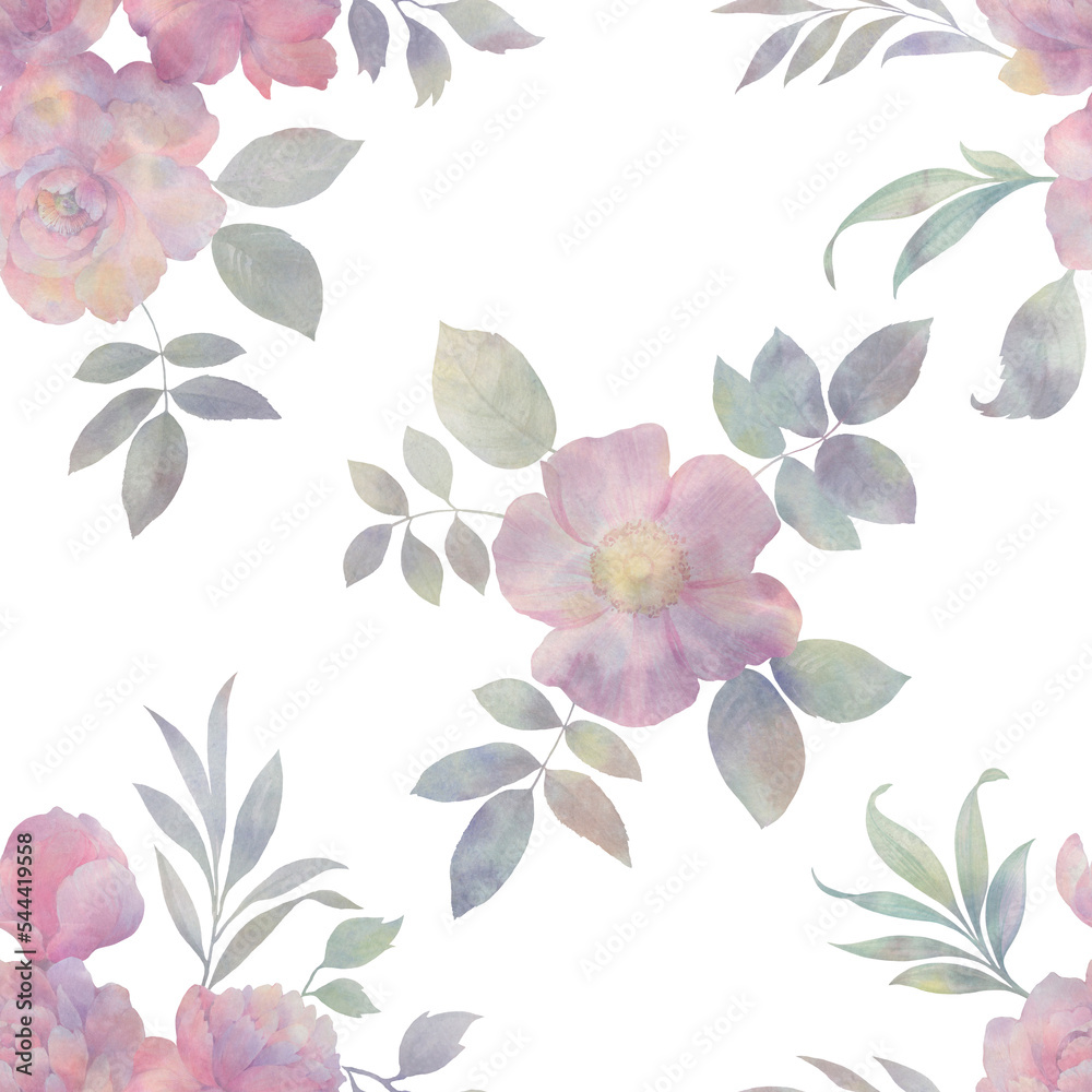 Delicate peony flowers with leaves, seamless watercolor pattern. abstract bouquet for design, botanical background