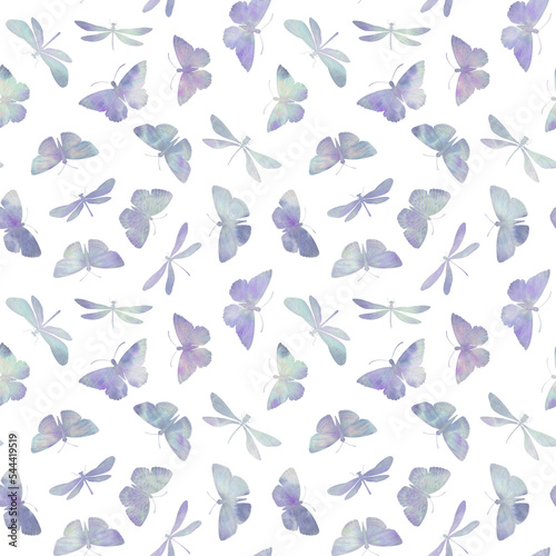 Colorful pattern of watercolor butterflies and dragonflies collected for design, wrapping paper, wallpaper, print.