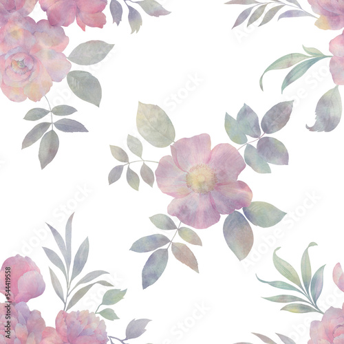 Delicate peony flowers with leaves  seamless watercolor pattern. abstract bouquet for design  botanical background