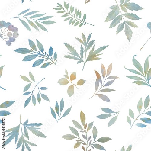 Branches and leaves painted in watercolor, collected in a seamless pattern. © Sergei