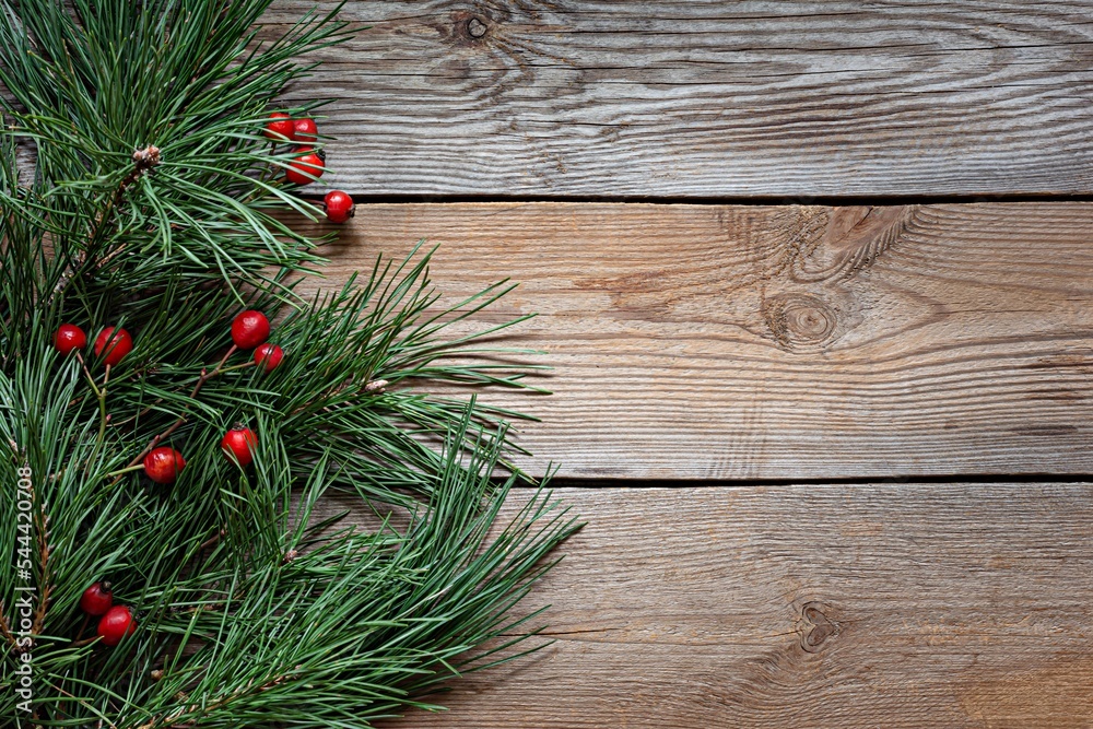 Branches of a Christmas tree (pine) with rose hips on a wooden background. Christmas and New Year, Winter holidays concept. Top view and copy space. Branches of a Christmas tree (pine) with rose hips on a wooden background. Christmas and New Year, Winter holidays concept. Top view and copy space.