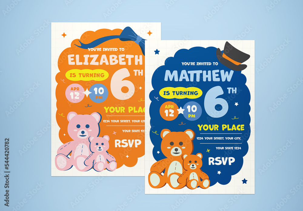 Orange Flat Design Birthday Invitation Boy & Girl Layout Stock Template