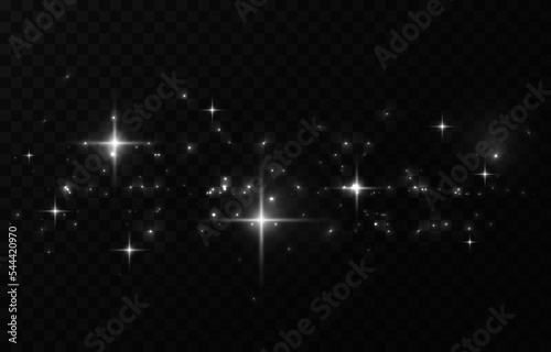 Fototapeta Naklejka Na Ścianę i Meble -  Dust white. White sparks and white stars shine with special light. Vector sparkles on a transparent background. Christmas abstract pattern. Sparkling magical dust particles.